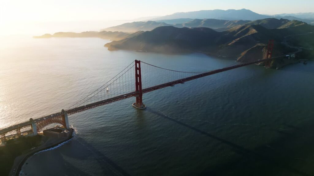 Video - Aerial drone view of the Golden Gate Bridge spanning the entrance to San Francisco Bay