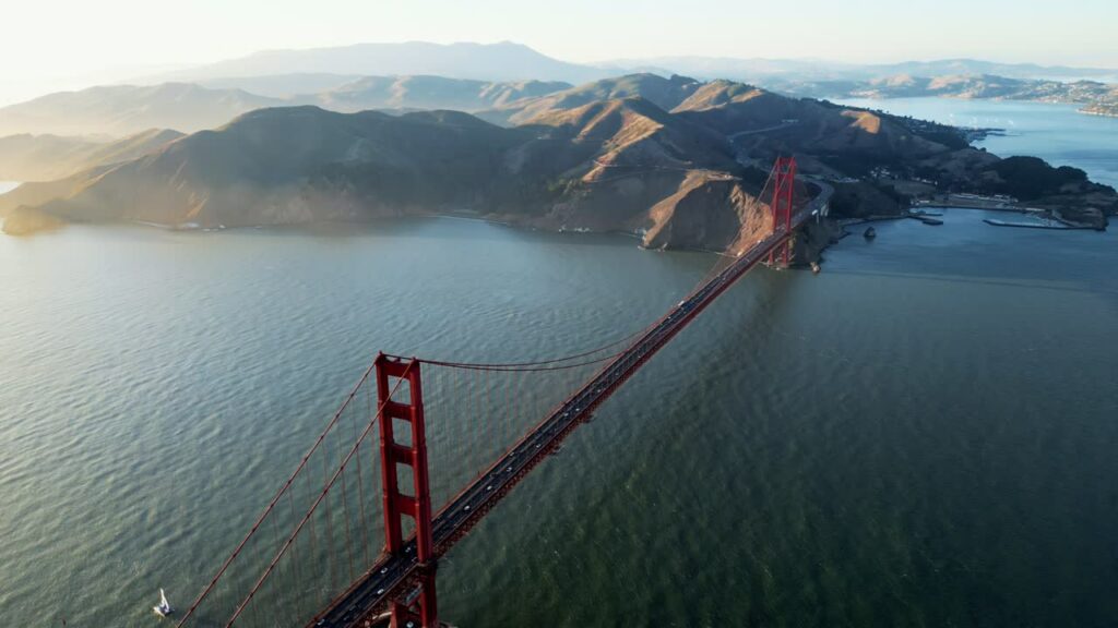 Video - Aerial drone view of the Golden Gate Bridge spanning the entrance to San Francisco Bay