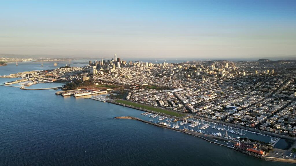 Video - Aerial drone view of San Francisco skyline and waterfront with the Bay in California