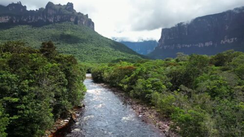 Video - Aerial drone view of a tropical river flowing through dense rainforest surrounded by the dramatic tepui mountains in Canaima National Park, Venezuela
