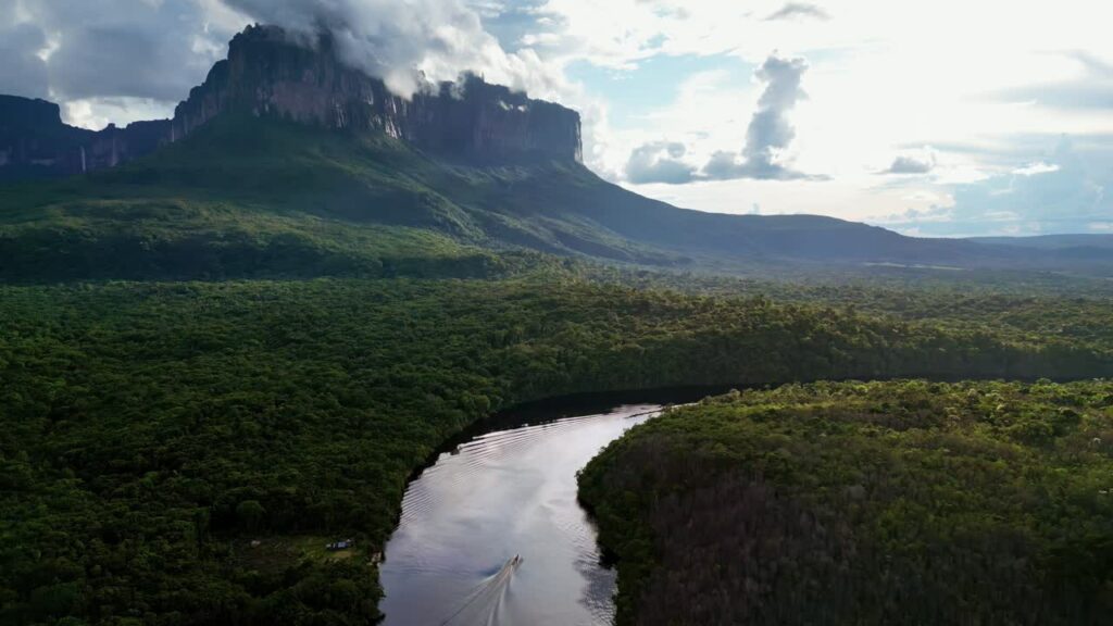 Video - Aerial drone view of a boat moving along a dark rainforest river surrounded by dense tropical jungle in Venezuela