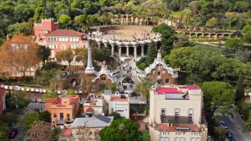 Video - Park Guell drone cinematic view, Antonio Gaudi architecture