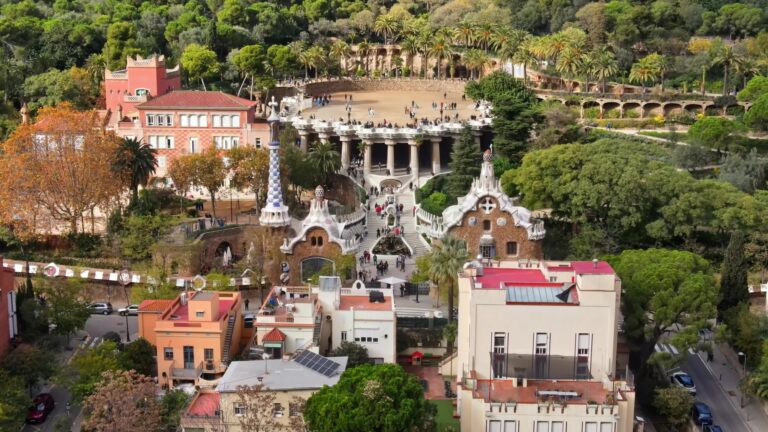 Video - Park Guell drone cinematic view, Antonio Gaudi architecture